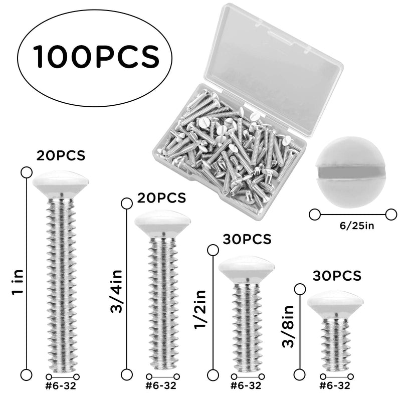 TOYMIS 100Pcs 4 Sizes 6-32 Thread Black Wall Plate Screws Outlet Cover Screws Switch Cover Screws Replacement Wall Plate Screws Electrical Screws (White)