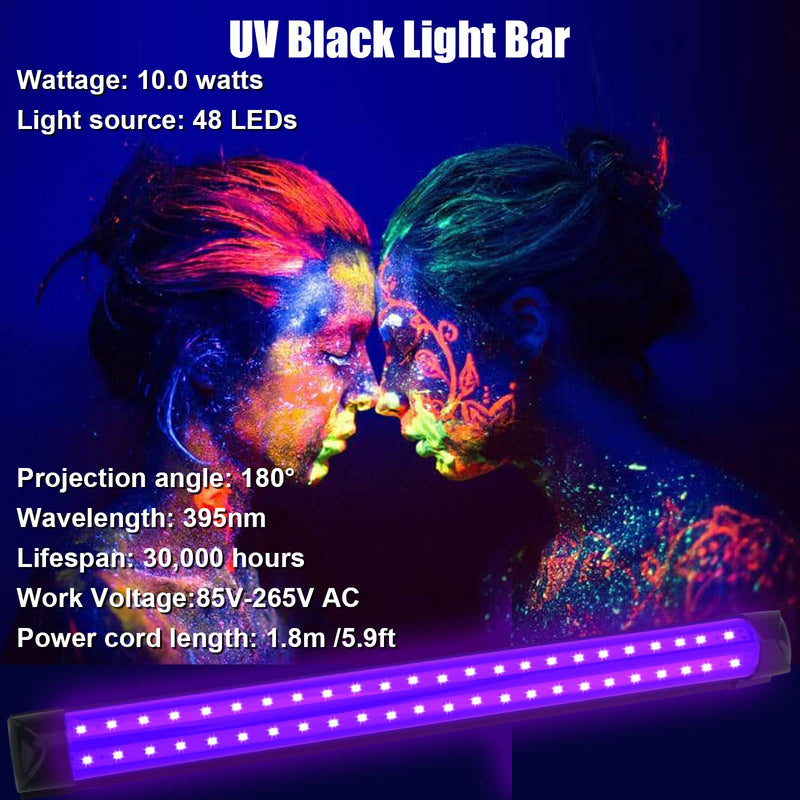 2 Pack 10W 48 LED Black Light Bars 1Ft 395-400nm UV Blacklight Tube with 5.9Ft Cord+Plug+Switch Linkable Black Light Fixtures for Bedroom Fluorescent Poster Body Paint Halloween Glow Party 2Pack