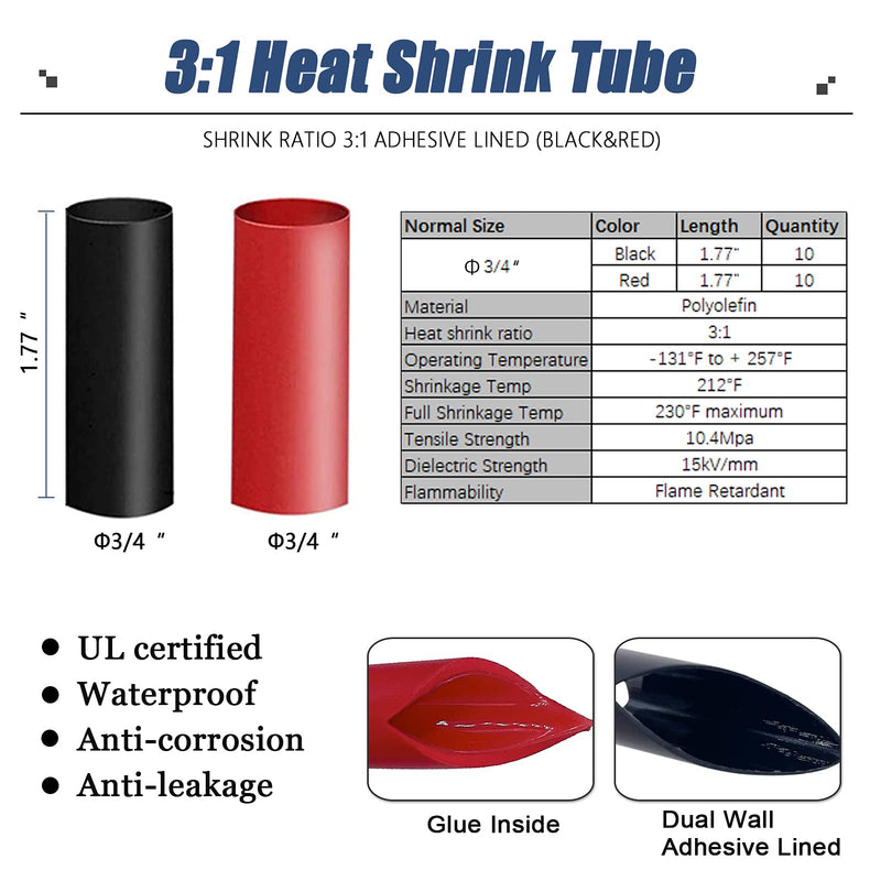 HerMia 20 Pack UL Heavy Duty Wire Lugs 1/0 AWG-1/2'', 1/0 AWG-3/8'' Tubular Ring Terminals Connectors Battery Cable Ends, Bare Copper Eyelets with 3:1 Dual Wall Adhesive Heat Shrink 1/0 AWG KIT