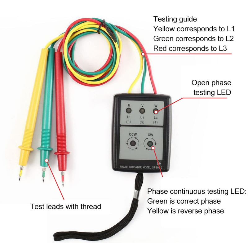 Phase Rotation Meter, 3 Test Leads 3 Phase Sequence Rotation Phase Rotation Tester 5 LED Indicator for Home
