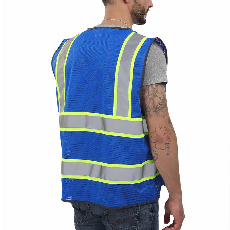 Dib Safety Reflective Mesh Vest High Visibility Two Tone with Pockets and Zipper, Blue Mesh with Yellow Trim L Large