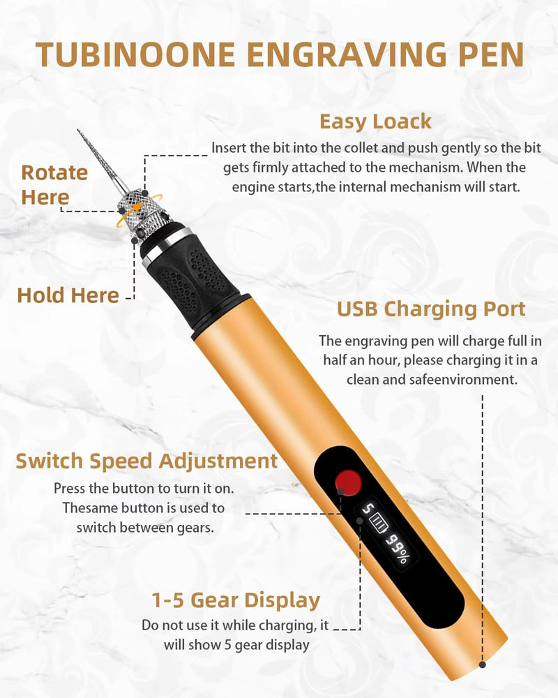 Updated Engraving Pen Ultimate Cordless Portable Tool for Artists & DIYers - Engrave 60+ Surfaces - Beginner Friendly - Rechargeable - Free 30 Bits & Mastery Guide (Gold) Gold