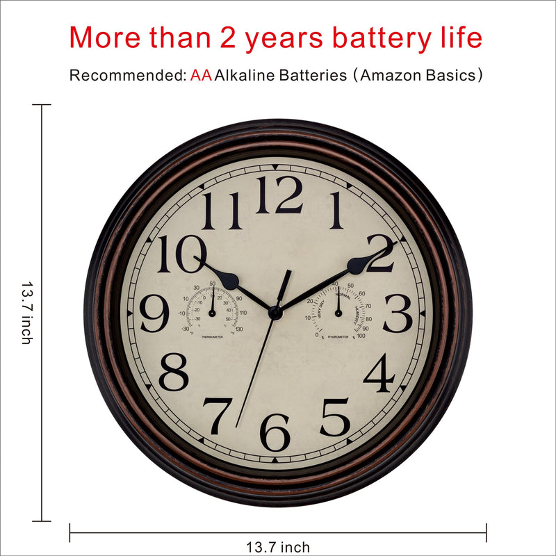 Foxtop Indoor Outdoor Waterproof Wall Clock with Thermometer and Hygrometer Combo, 14 Inch Retro Silent Non-Ticking Battery Operated Quartz Round Outdoor Clocks for Patio Home Office (Bronze) 14"bronze