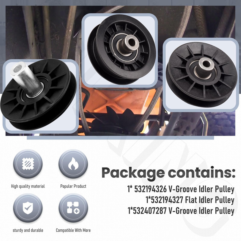 532194326 532407287 V-Groove Idler Pulley and 532194327 Flat Idler Pulley Set Compatible with Husqvarna Craftsman Sna-pper Poulan Jonsered Mower LTH1538 LGT2554 917287220 194326 194327 407287
