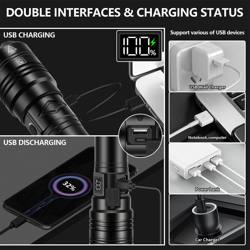 Rechargeable Flashlights 1000000 High Lumens Long Range 3280 FT, Super Bright USB C LED Flashlight Long Lasting 15 Hours, Powerful Multifunctional Strong Flash Lights, for Emergency Security Camping 31.0 Watt Hours