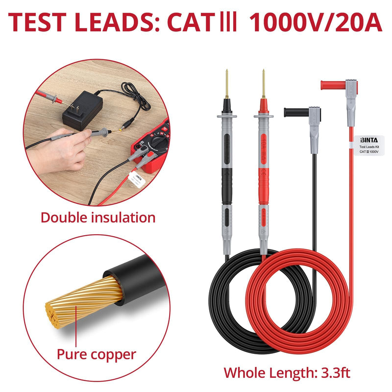 BINTA 27-Piece Silicone Multimeter Test Leads Kit with Gold-Plated Test Probes, Alligator Clips, Test Hook - CAT Ⅲ 1000V 20A Multimeter Leads Set for Industrial, Automotive, Home Electrical Testing 27PCS