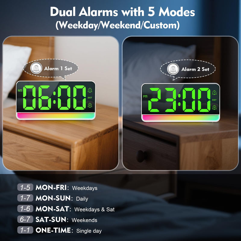 ALANAS Large RGB Digital Alarm Clock with Dynamic Color Changing Mood Lights, Dual Alarms, Snooze, Adjustable Volume & Brightness, DST, USB Ports, Bedrooms Clocks for Heavy Sleepers, Adults, Teens Rgb-white