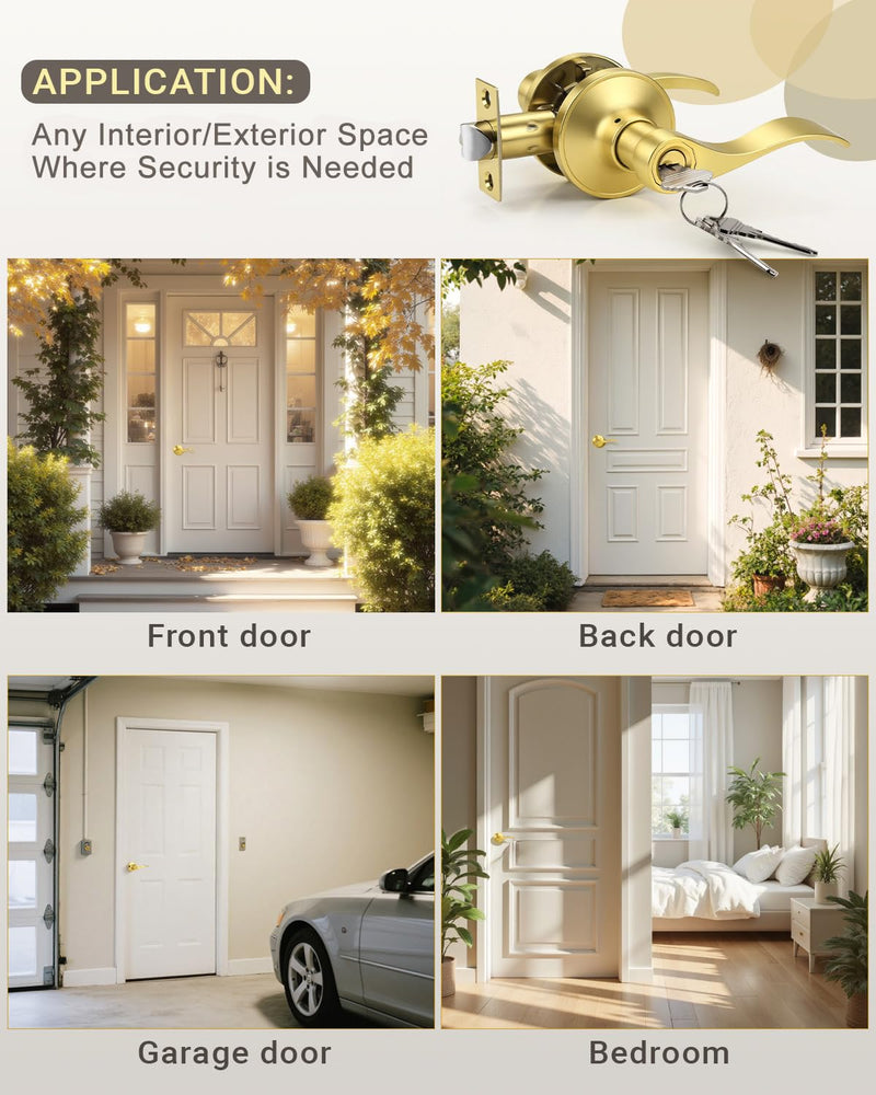 KNOBWELL 2 Pack Gold Door Handle with Lock and Key, Keyed Alike Gold Door Knob for Front/Entrance/Bedroom, Reversible for Left&Right Keyed Entry(Keyed Alike)