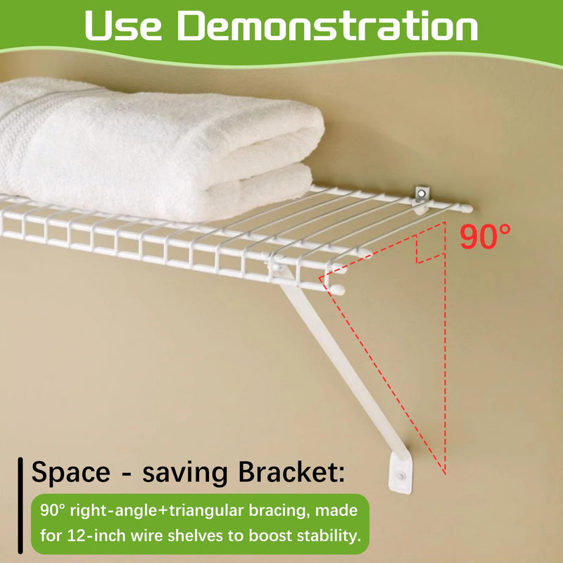 12 Inch Heavy Duty Shelf Brackets, Wire Shelf Brackets Set Include 3 Support Brackets, 2 Wire Shelf End Brackets, 6 Wall Clips, with Screws, Wire Shelving Accessories for Garage, RV, Kitchen, Closet