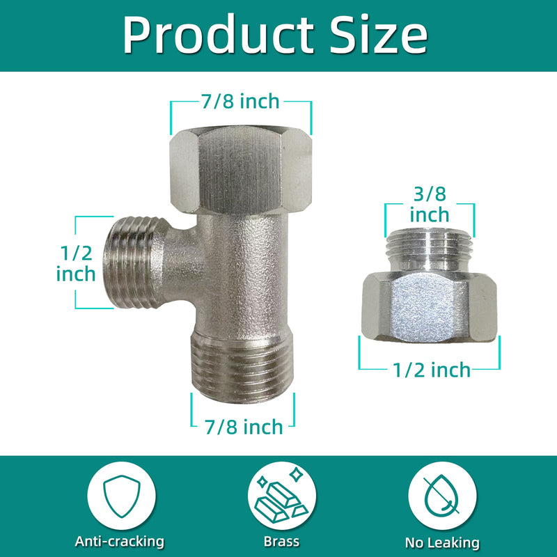 Bidet T Adapter, Metal T-Valve for Bidet (7/8"x 1/2"x 7/8") and (7/8"x 3/8"x 7/8"), 3 Way T-Comnector Bidet Attachment for Toilet Include Washer