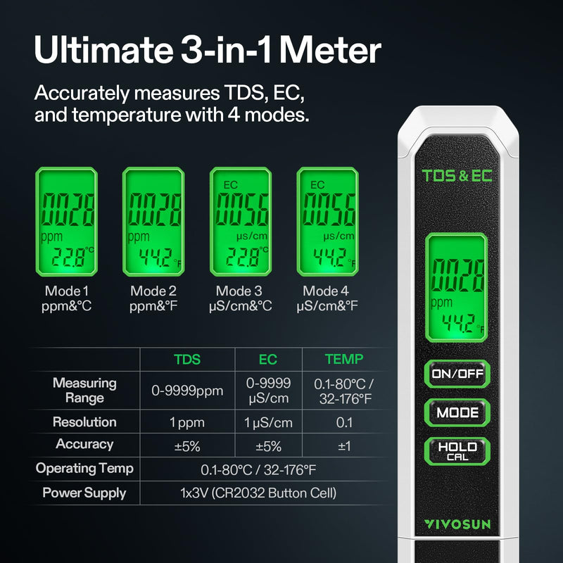 VIVOSUN TDS Meter, 3 in 1 TDS, EC & Temperature Meter, Accurate Digital Water Quality Tester for Drinking Water, Aquarium, Hydroponics, RO/DI System, Swimming Pool, White