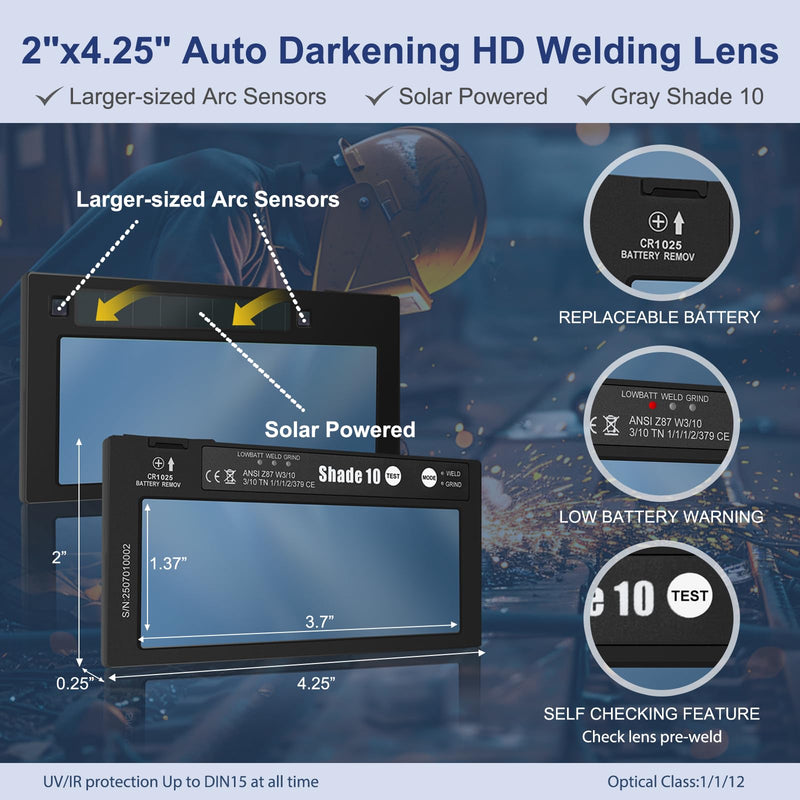 HD Shade 10 2x4 1/4 Auto Darkening Welding Lens,True Color Blue Welding Lens,HD and True Color Technology,Solar Charging,Fit Most Pancake and Pipeliner Welding Hoods,Auto Darkening Welding Lens 2x4.25 Gray Shad 10