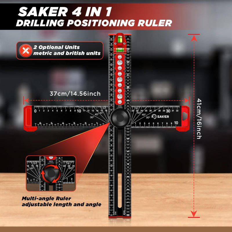 Saker 4-in-1 Drilling Positioning Ruler, Adjustable 13.78in Multifunctional T Square Ruler, Cabinet Hardware Jig, Marking Gauge Tools for Woodworking, Cabinet Drawer Door Hole Drilling Template