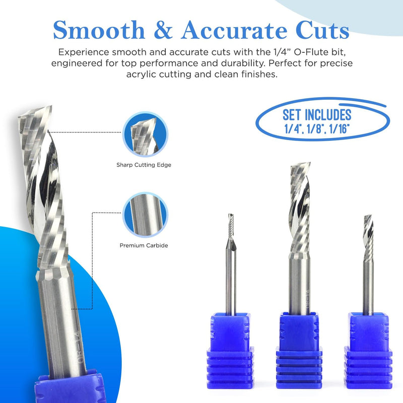 O-Flute CNC Router Endmill Bit Set for Acrylic, HDPE, ACM and Plastics - Includes 1/4", 1/8" [Premium], 1/16" O-Flute Bits - 100% Carbide, Precision Cutting, Ideal for Plastics - 1/4" & 1/8" Shanks