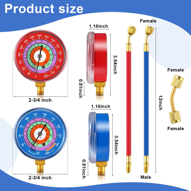 Relaxweex Refrigeration Pressure Gauge with 12'' Hose Kit R22/r404/r-410a 0-800psi 1/8" Npt Lower Mount 30inhg-0-250psi, 250-500psi & 0-800psi Degree F 40345 Blue & 40344 Red Dial (80mm(3-1/8" Dial))