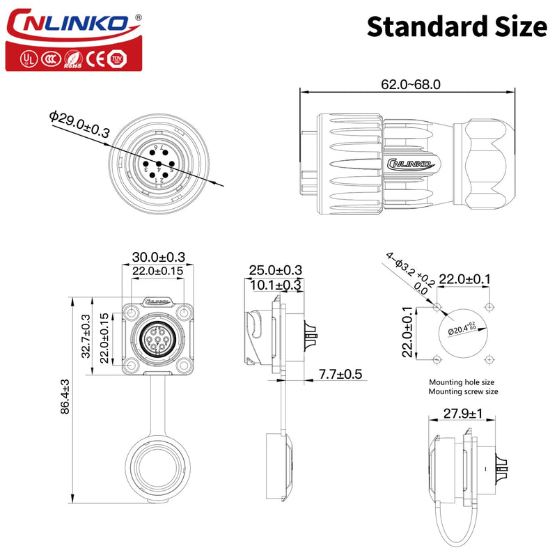 CNLINKO M20 Waterproof Connector，DH Series 20 2/3/4/5/7/9/12 Pin Bayonet Connecting Type Metal Shell Soldering Male Plug Female Socket IP68 Connectors (7-Pin) 7 Pin 300V 10A