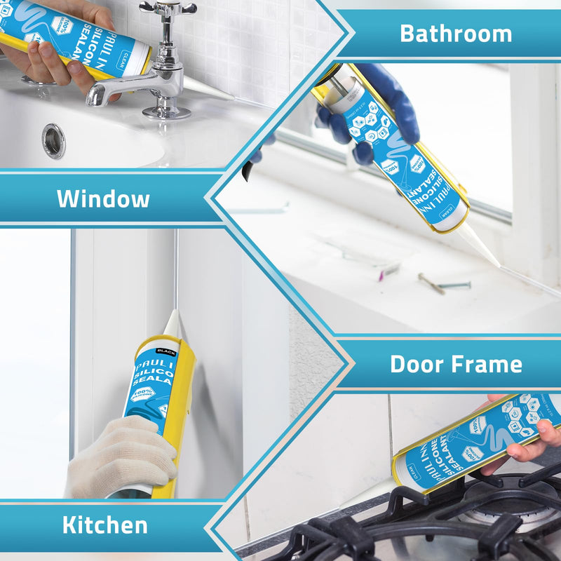 PAULINN Clear Silicone Sealant, 100% Waterproof Silicone Adhesive Caulk for Rv Marine Home Window Roof Door Kitchen Bathroom Bathtub Shower Auto Leak Seal, 10.2 Oz, 1 Packs