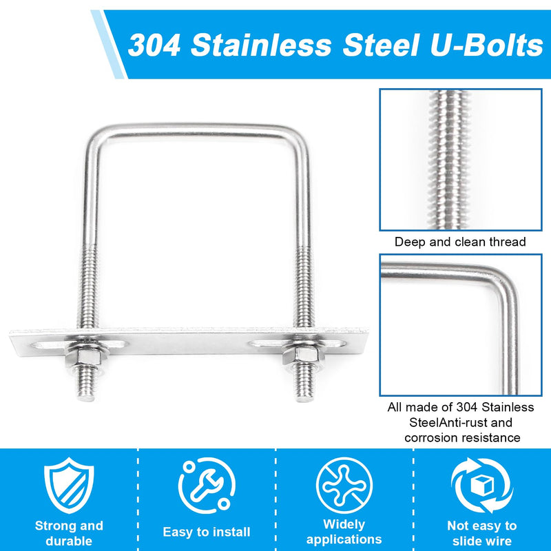 Yinpecly 4 Pack Square U-Bolts 2"/50mm Inner Width 3.15"/80mm Length 304 Stainless Steel U Bolts M6 with Washers & Nuts & Frame Plate for Automobiles Trailer, Ski Boat, or Sailboat Trailer M6x50x80mm
