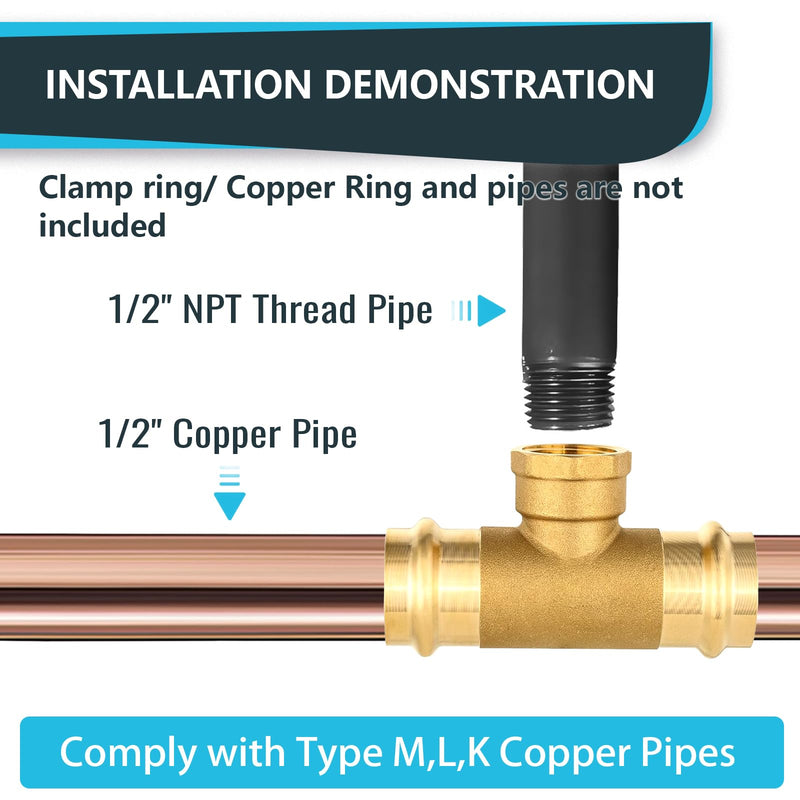 5Pack Seelink 1/2" Copper Press x Copper Press x Female NPT Tee(PRESS239-5) 5 1/2"P x 1/2"P x 1/2"Female