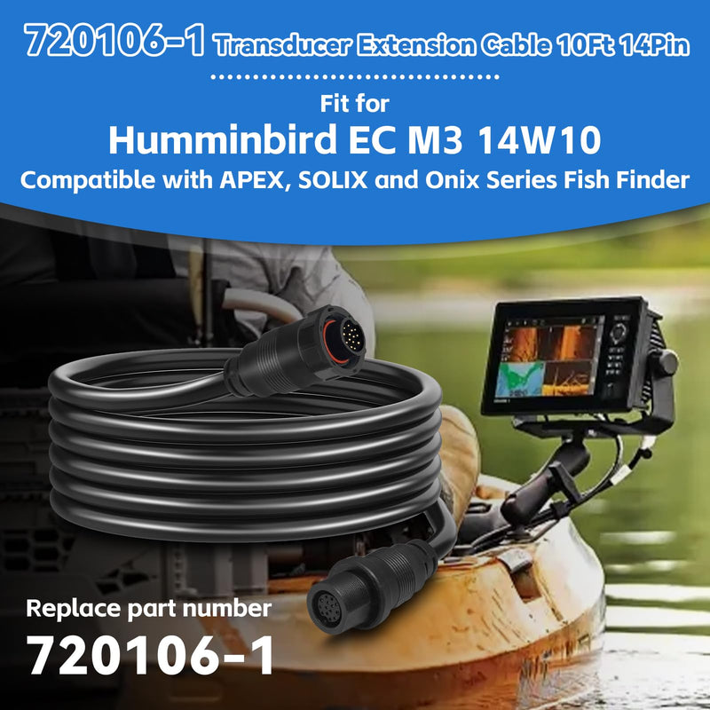 720106-1 Transducer Extension Cable 10Ft 14Pin Fit for Humminbird EC M3 14W10, Compatible with APEX, SOLIX and Onix Series Fish Finder and Built-in MEGA Imaging