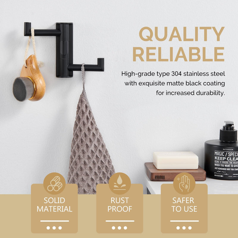 Angle Simple Swivel Towel Hook 3 Arms, SUS 304 Stainless Steel Foldable Bathroom Robe Towel Hook, Wall Coat Holder, Matte Black 1 Pack