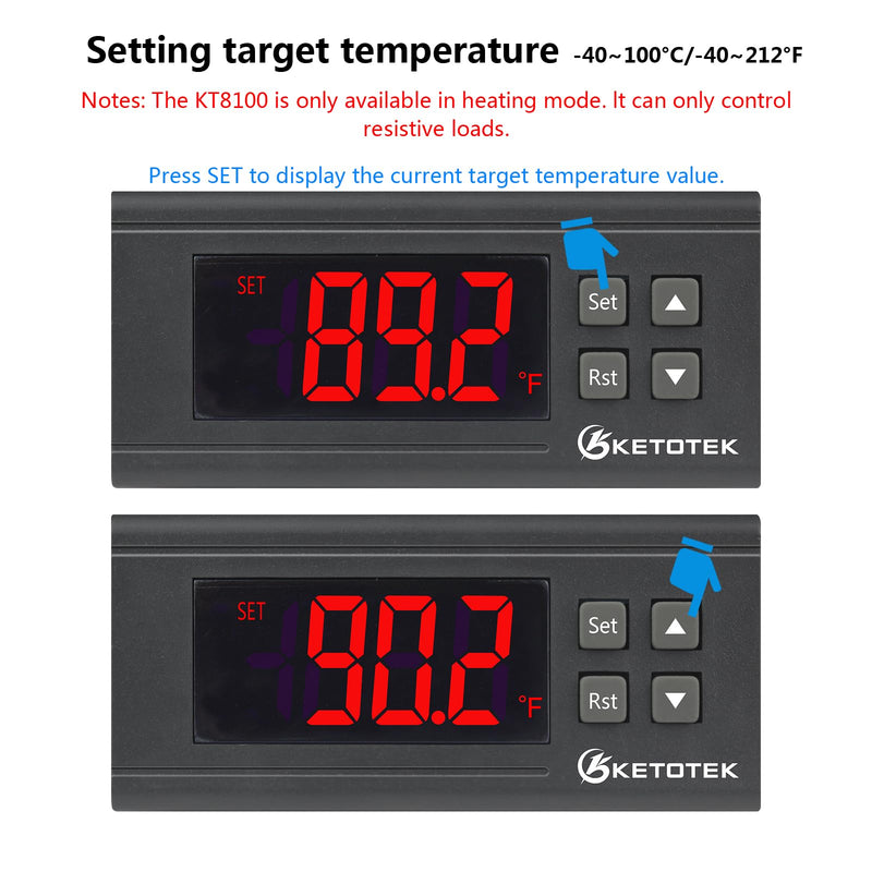 KETOTEK KT8100 Digital Heating PID Temperature Controller 120V Dimming Thermostat Control for Heating Device 2A 120V 240W