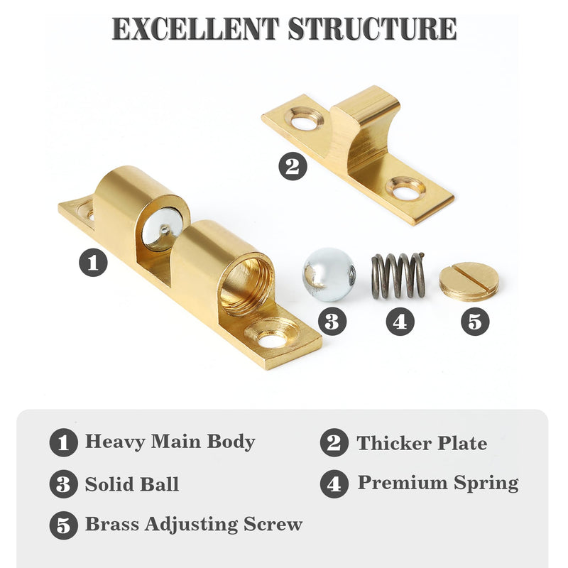 Alise Double Roller Catch Cabinet Latches,Adjustable Double Ball Tension Roller Catch Latch Brass Cabinet Door Latch,67mm Solid Brass Cabinet Latches and Catches,Pack of 4 67mmX40mm Gold
