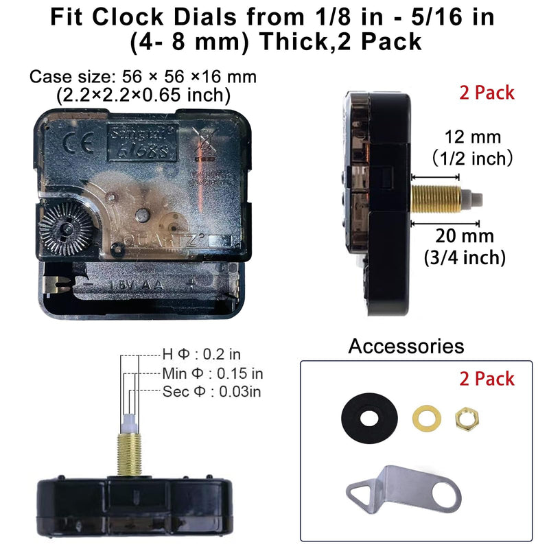 EMOON 2 Pack Clock Movement Mechanism with 4 Pairs of Short Hands Battery Silent Sweep Operated Quartz Clock Motor Kit DIY Repair Parts Replacement, 3/4 Inch Total Shaft Length Total Shaft Length 3/4 in