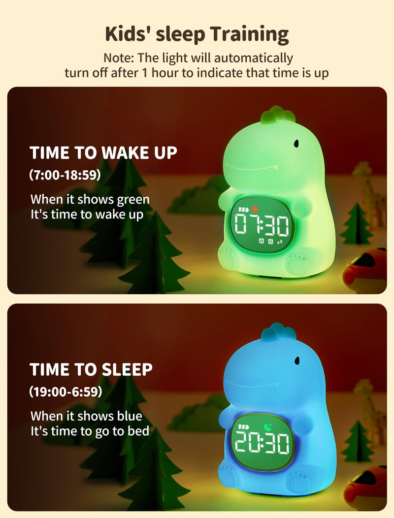 MASHI Dinosaur Alarm Clock with Night Light, Toddler Sleep Training Clock with Sun & Moon, Sleep Sound Machine, ok to Wake Clock for Kids, Digital Alarm Clocks for Bedrooms,Gift Ideas for Kids Child Dinosaurs
