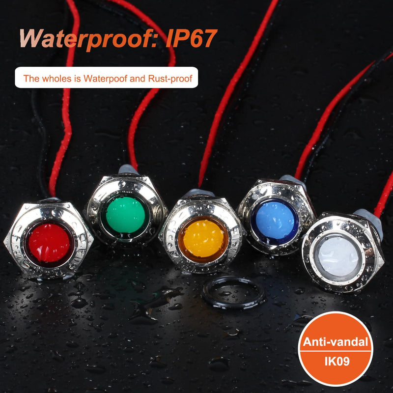2PCS 16mm Metal Indicator Light Mounting Hole 5/8", 110-220VAC 20mA Waterproof IP67 Single lamp LED Pilot Lamp Flat Head with 20cm/7.87in. Wire for Car Truck Boat(Red LED) Red 110-220V 16mm