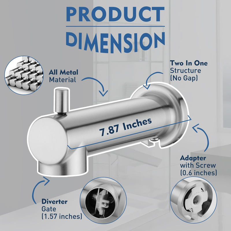 Slip on Extra Long Tub Spout with Diverter Universal Tub Diverter Spout for 1/2" Copper Water Pipe, Brushed Nickel
