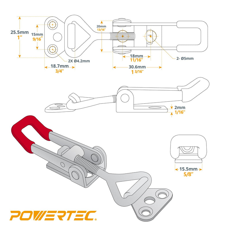 POWERTEC 4PK Toggle Clamp, 220 lbs Holding Capacity, 4001 Adjustable Pull Action Latch for Smoker, Tool Box, Woodworking Jigs and Fixtures, Cabinet, Door (20311V) 4001, 4PK