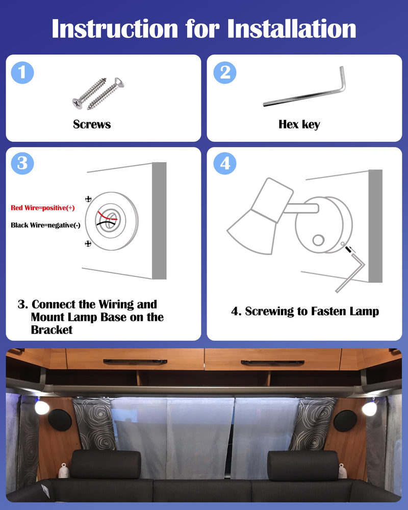 THALASSA Boat Reading Light 12V Interior LED Fixtures RV Reading Lamp Wall Sconce for Marine Caravan Camper Van Motorhome Indoor Lighting with Built-in Touch Dimmer Switch Polished Finish