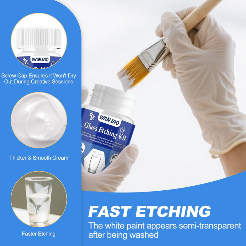WANJAO 80g Glass Etching Kit, Frosted Glass Etching Kit Long-Lasting Creative Etch Valentines Day Creating Matte Glasses Effect with Stencil Gloves Paper Tape for Valentines Day Glasses Mirror Ceramic blue