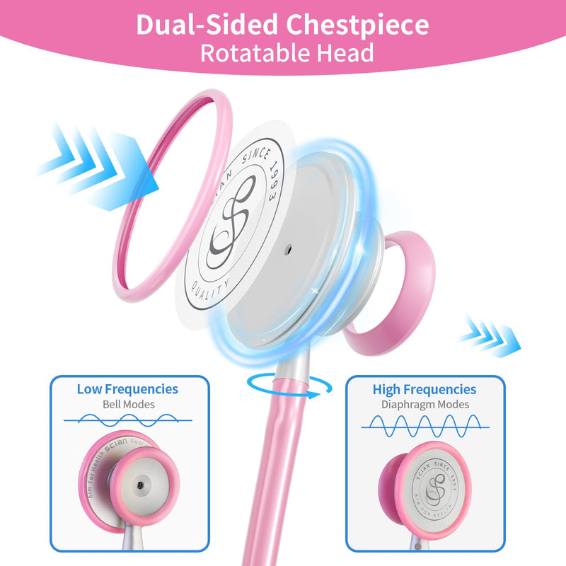 Scian 30G-PK Stethoscope - High-Fidelity Acoustics, Lightweight Aluminum, Satin Tube for Pediatrics & Nursing - Nurse Essentials in Pink
