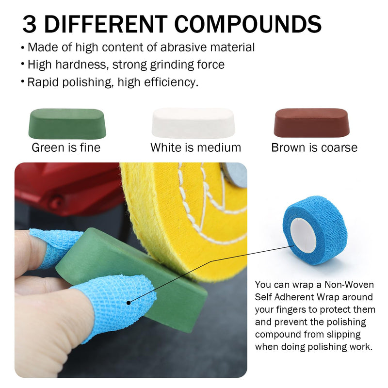 SCOTTCHEN 8inch Buffing Polishing Wheels 5/8" Arbor Hole,Soft/Fine/Medium for Bench Grinder-3PCS,with Buffing Polishing Cutting Compounds 7.4 Oz.Kit,with 2 Pack Non-Woven Bandage Wrap 8 inch Multi 8pcs