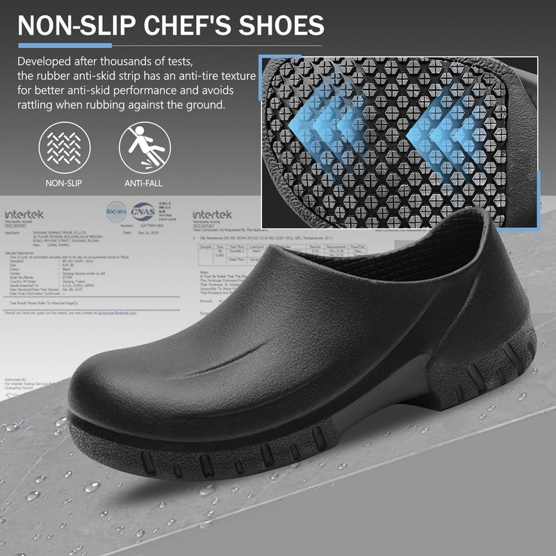 Unisex Non Slip Work Clogs - Slip, Water & Oil Resistant Shoes for Kitchen Chef Nursing Gardening Professionals - Comfortable Waterproof Work Shoes(Men 7.5-11.5/Women 8.5-12.5) 11.5 Wide Women/10.5 Wide Men Black