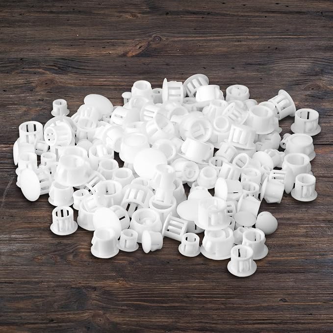 Plastic Hole Plugs, 180pcs White Panel Knockout Locking Plugs, Round Drill Screw Hole Plugs Covers for Kitchen Cabinet Furniture Insert End Caps, 1" 3/4" 1/2" 3/8" 5/16" 1/4" 1/5" B-white Mixed