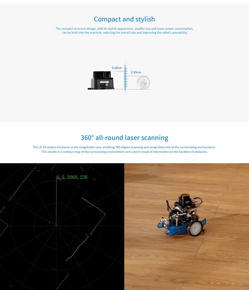 WayPonDEV FHL-LD19 360 Degree 2D Lidar Distance Sensor Kit, 10Hz Scan Rate and 12m Distance Lidar Scanner Module for Smart Obstacle/Robot/Maker Education Indoor/Outdoor