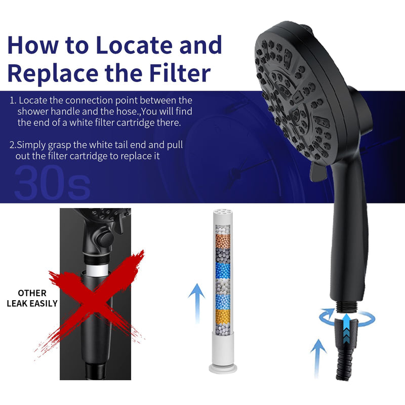 Filtered Shower Head with Handheld - 10 Spray Modes High Pressure Handheld Shower with Filter Spray Combo, Magnetic Shower Heads, With 60-Inch Long Hose（Matte black） Matte Black