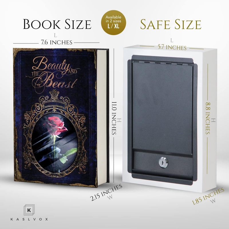 KASLVOX Beauty and the Beast Book Safe (X-Large, Key Lock) | Enclosed metal lockbox fixed inside a realistic cover, protects cash, jewelry and valuables, discreet home or office storage