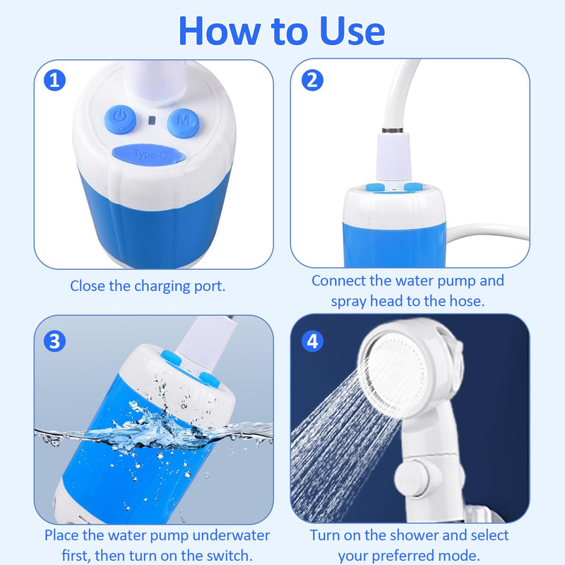 Yuehuam Portable Camping Shower Outdoor Camp Shower Pump with Rechargeable Battery, Electric Shower Pump with Intelligent Digital Display Multiple Spray Modes for Camping, Hiking, Traveling,RV Without Rinsing Nozzle