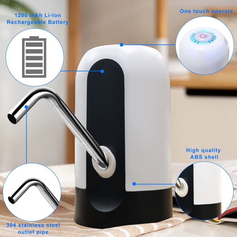 Water Bottle Pump 5 Gallon Electric Drinking Water Pump Portable Water Dispenser USB Charging Water Bottle Pump Water Bottle for Universal 2-5 Gallon Bottle White