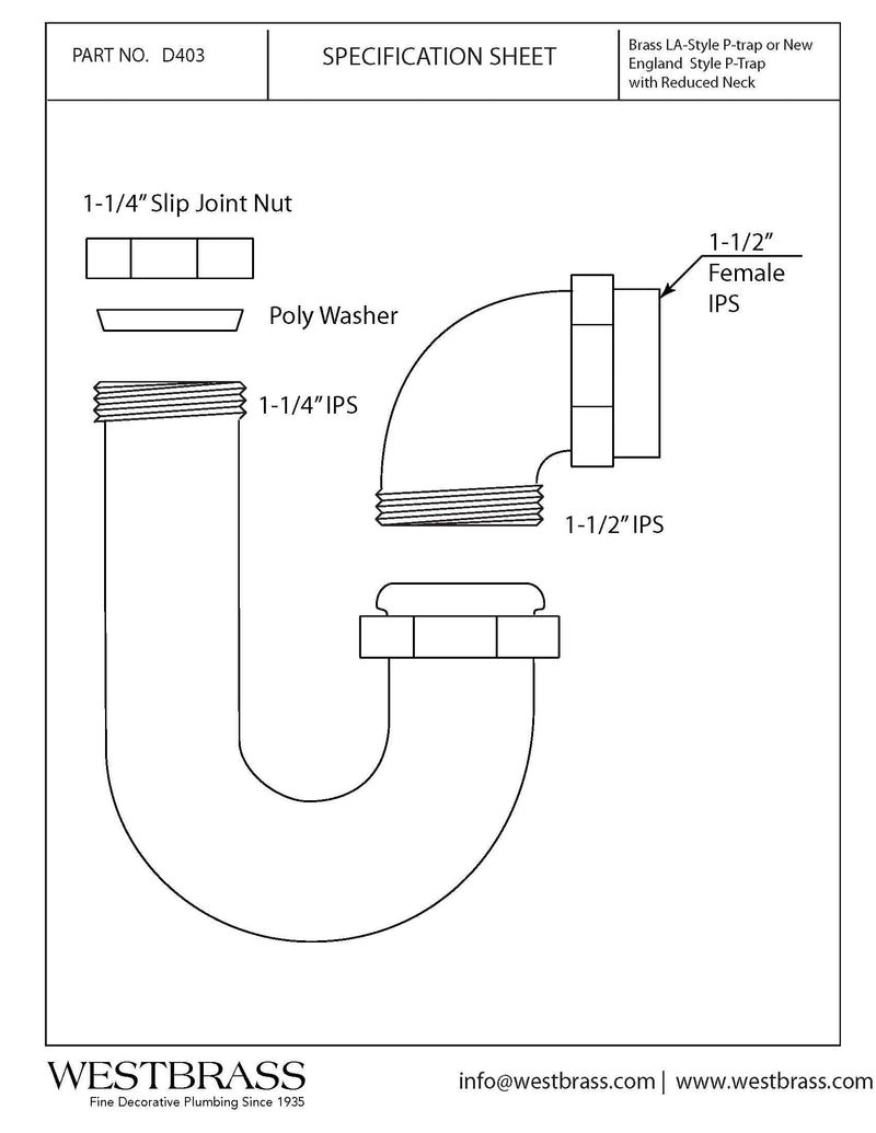 Westbrass D403LA-26 1-1/2' x 1-1/4" Brass LA Code P-Trap, Polished Chrome 1-1/2" x 1-1/4"