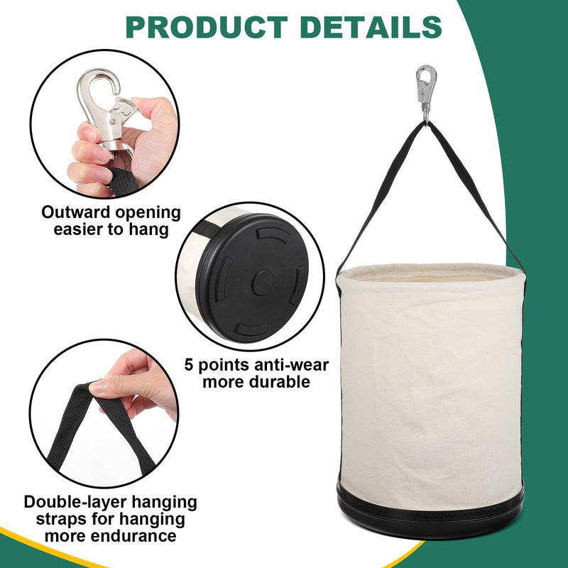 Lemecima Utility Canvas Bucket 15" x 12" All Purpose Truck Tool Bucket Bag Organizer with Plastic Bottom Metal Hook for Store Work Tool Accessory, Load Capacity up to 150 Lbs