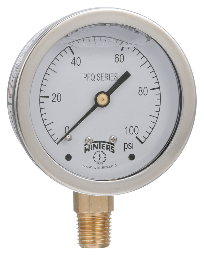 Winters 2-1/2" Dial Size, Liquid Filled Industrial Pressure Gauge, Brass Internals, 304 Stainless Steel Case, Single Scale 0-100 psi, 1.5% Acc, 1/4" NPT Bottom Mount, Glycerin Filled Pressure Gauge 0/100 PSI