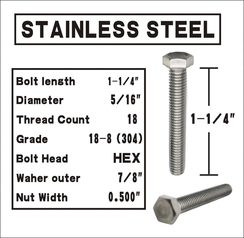 (10 Sets) 5/16-18x1-1/4" Stainless Steel Hex Head Screws bolts and nuts kit, Nuts 5/16, Fender Flat Washer 5/16& Spring Lock Washers 5/16, 18-8 (304) S/S, Fully Threaded by Bolt Fullerkreg (10 Sets) 5/16x1-1/4"