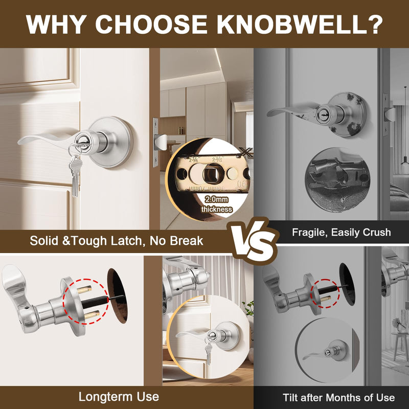 KNOBWELL 2 Pack Front Door Handles with Lock and Key Wave Style Keyed Entry handleset Entrance Door Knob Lockset(Different Keys) Brushed Nickel
