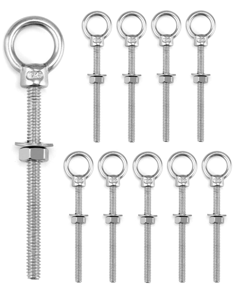 QWORK 10 Pack Eye Bolt, T316 Stainless Steel Marine Grade Threaded Eyebolts, 1/4"x3" Lifting Ring Threaded Eyebolts with Nuts Washers 1/4" x 3"