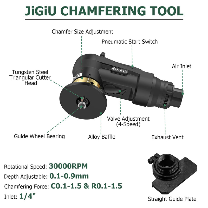 Upgraded Air Chamfer Tool with Straight Guide Plate Mini Pneumatic Chamfering Machine 30000RPM 45°Pneumatic Beveling Machine 0.1-0.9mm Depth Adjust with 1/4 Inch Air Inlet for Metal Wood-Black Black
